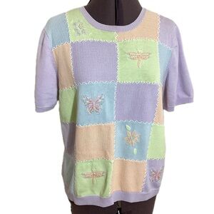 Vtg Dunner Pastel Patchwork Knit Grandma Top PM/PL